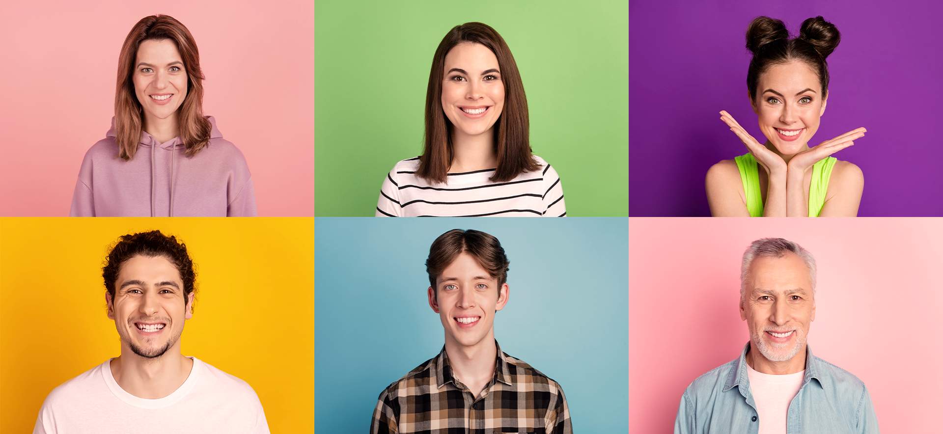 01 Montage of 3 women and 3 men smiling on flat colored backgrounds
